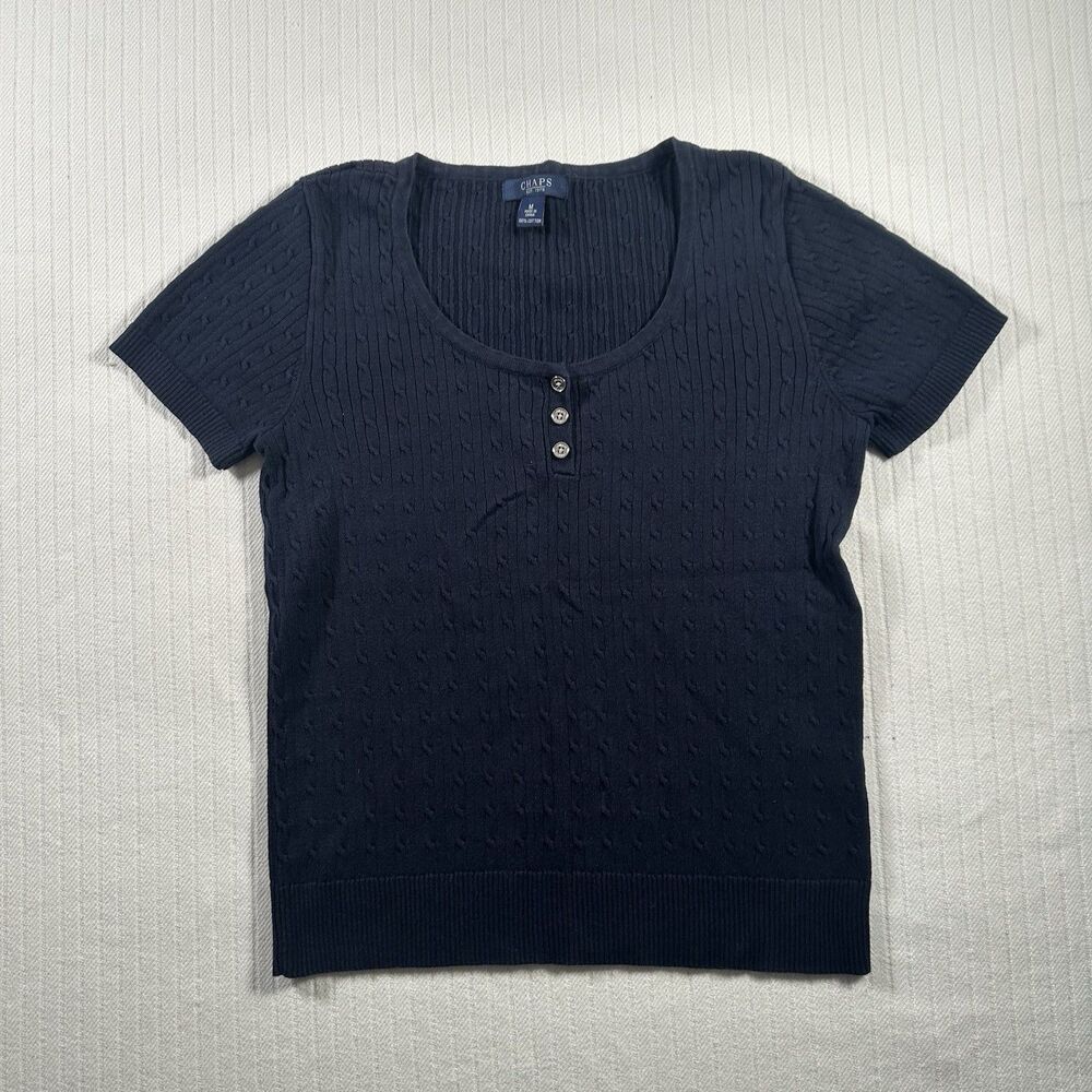 Chaps Womens Medium Navy Blue Cable Knit Short Sleeve Sweater Henley Top